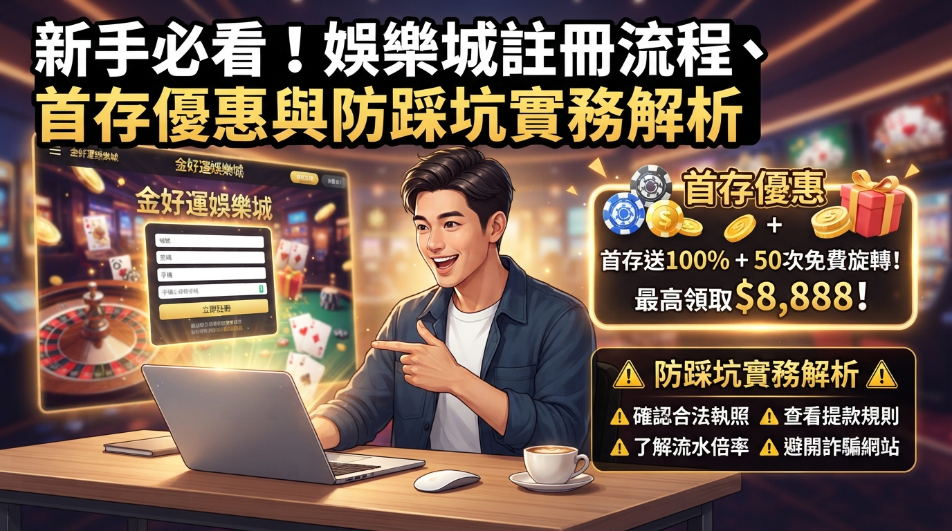 這是一張以「新手必看！娛樂城註冊流程、首存優惠與防踩坑實務解析」為主題的 16:9 SEO 文章縮圖。畫面採用繁體中文，結合了註冊介面、首存優惠資訊及防踩坑提醒。
